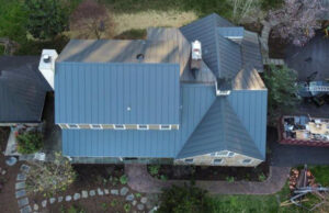 Aerial view of a blue roof