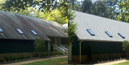 Before and after pictures of a roof that has been thoroughly cleaned by Zimmerman's Roofing